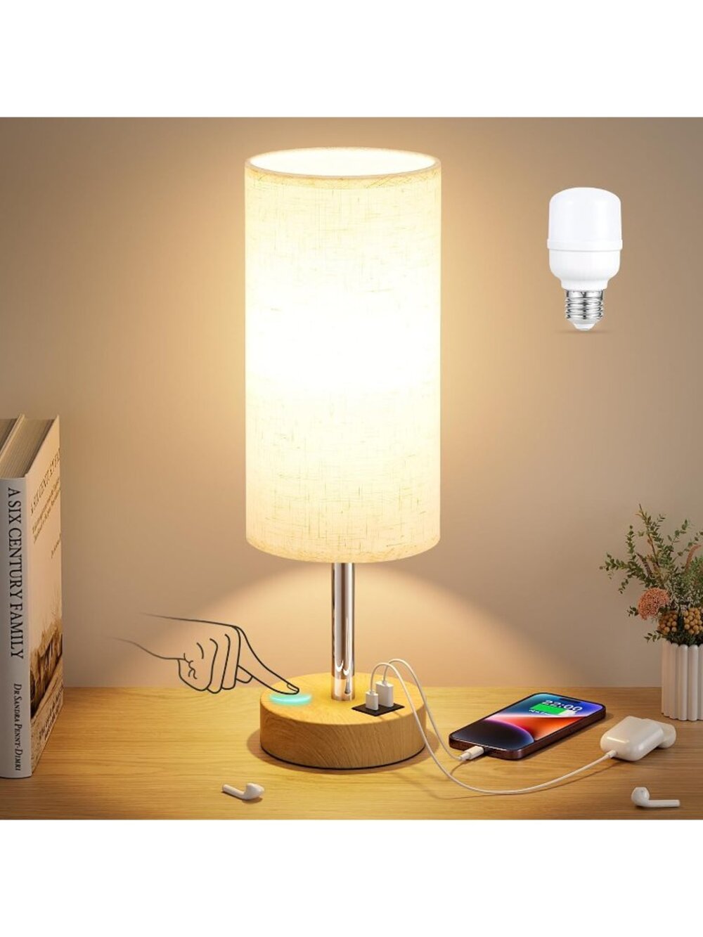 New Bedside Table Lamp for Bedroom - 3-Way Dimmable Touch Lamp, USB A+C